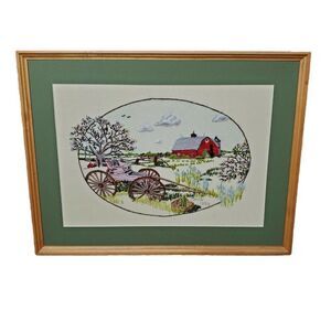 Vintage Barn Carriage Buggy Cherry Tree Framed Needlepoint Winter Scene 20x25